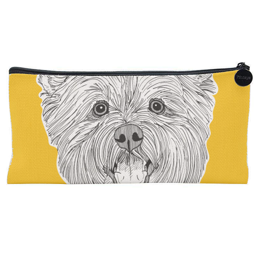 West Highland Terrier Dog Portrait ( yellow background ) - flat pencil case by Adam Regester