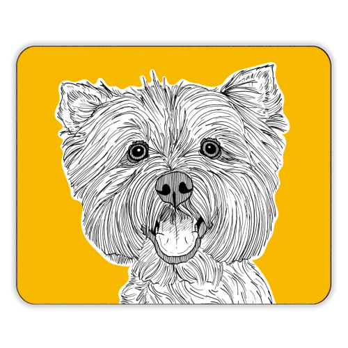 West Highland Terrier Dog Portrait ( yellow background ) - designer placemat by Adam Regester