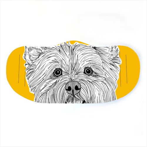 West Highland Terrier Dog Portrait ( yellow background ) - face cover mask by Adam Regester