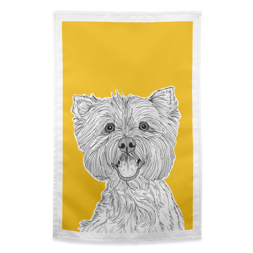 West Highland Terrier Dog Portrait ( yellow background ) - funny tea towel by Adam Regester