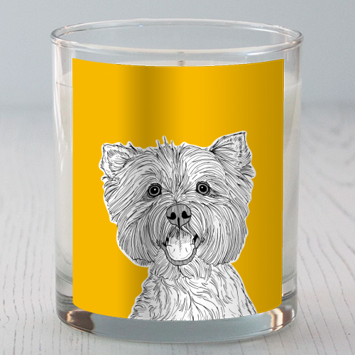 West Highland Terrier Dog Portrait ( yellow background ) - scented candle by Adam Regester