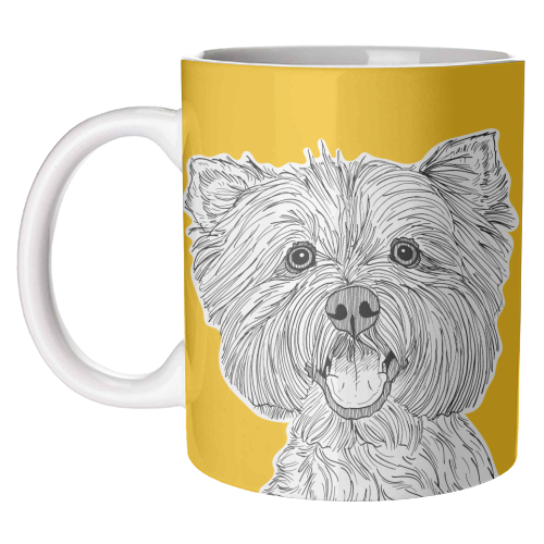 West Highland Terrier Dog Portrait ( yellow background ) - unique mug by Adam Regester