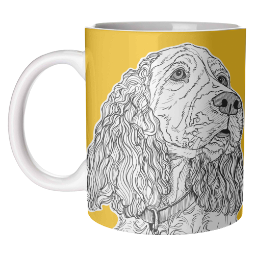 Spaniel Dog Portrait ( yellow background ) - unique mug by Adam Regester
