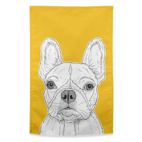 French Bulldog Portrait ( yellow background ) - funny tea towel by Adam Regester