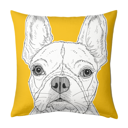 French Bulldog Portrait ( yellow background ) - designed cushion by Adam Regester