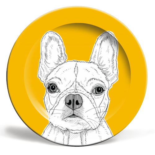 French Bulldog Portrait ( yellow background ) - ceramic dinner plate by Adam Regester