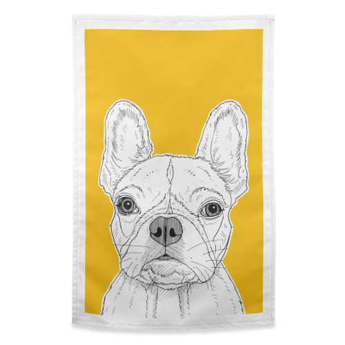 French Bulldog Portrait ( yellow background ) - funny tea towel by Adam Regester