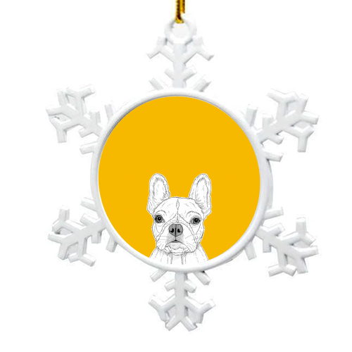 French Bulldog Portrait ( yellow background ) - snowflake decoration by Adam Regester