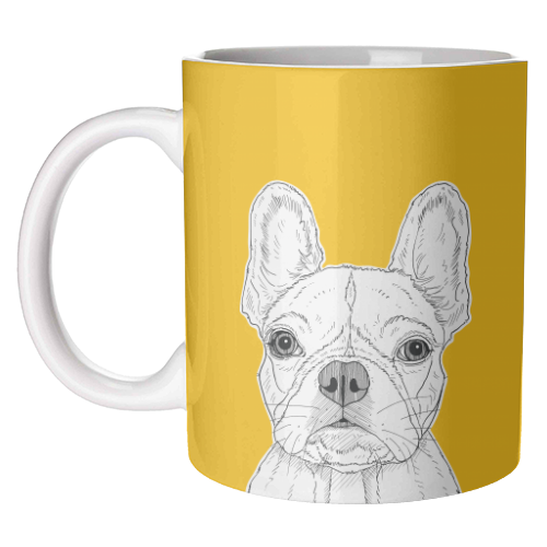 French Bulldog Portrait ( yellow background ) - unique mug by Adam Regester