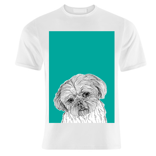 Shih Tzu Dog Portrait ( teal background ) - unique t shirt by Adam Regester