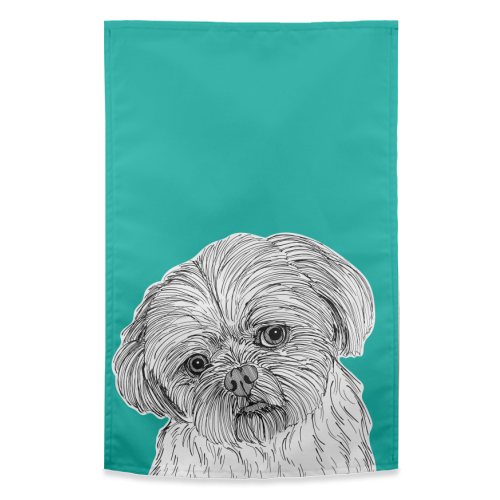 Shih Tzu Dog Portrait ( teal background ) - funny tea towel by Adam Regester