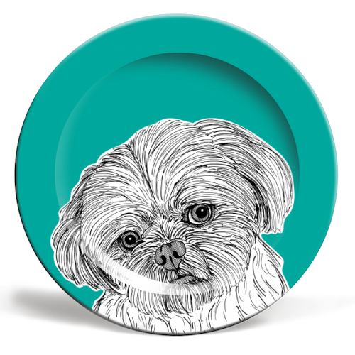 Shih Tzu Dog Portrait ( teal background ) - ceramic dinner plate by Adam Regester