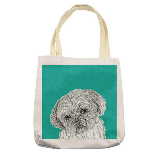 Shih Tzu Dog Portrait ( teal background ) - printed tote bag by Adam Regester
