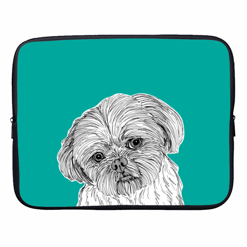 Shih Tzu Dog Portrait ( teal background ) - designer laptop sleeve by Adam Regester