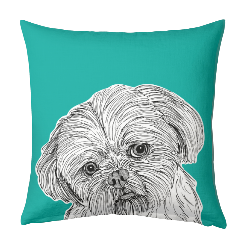Shih Tzu Dog Portrait ( teal background ) - designed cushion by Adam Regester