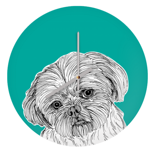 Shih Tzu Dog Portrait ( teal background ) - quirky wall clock by Adam Regester