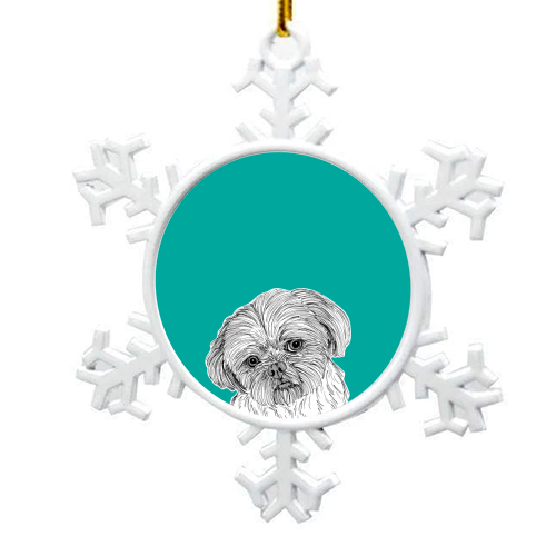 Shih Tzu Dog Portrait ( teal background ) - snowflake decoration by Adam Regester