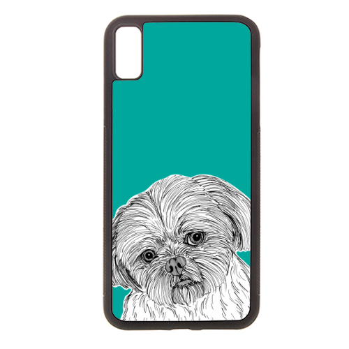 Shih Tzu Dog Portrait ( teal background ) - stylish phone case by Adam Regester
