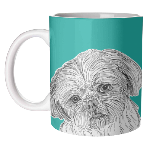 Shih Tzu Dog Portrait ( teal background ) - unique mug by Adam Regester
