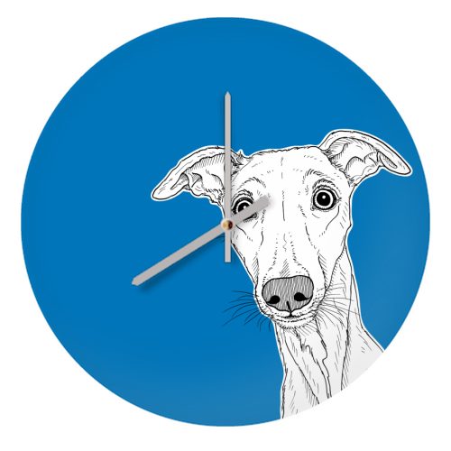 Whippet Dog Portrait ( blue background ) - quirky wall clock by Adam Regester