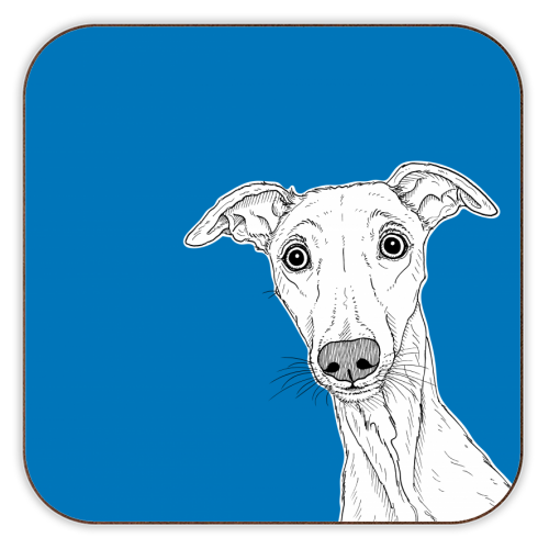 Whippet Dog Portrait ( blue background ) - personalised beer coaster by Adam Regester