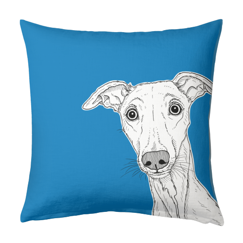 Whippet Dog Portrait ( blue background ) - designed cushion by Adam Regester