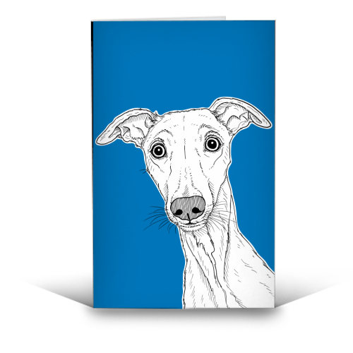 Whippet Dog Portrait ( blue background ) - funny greeting card by Adam Regester