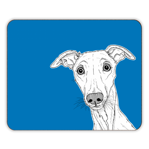Whippet Dog Portrait ( blue background ) - designer placemat by Adam Regester