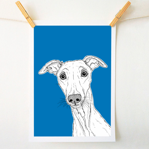Whippet Dog Portrait ( blue background ) - A1 - A4 art print by Adam Regester