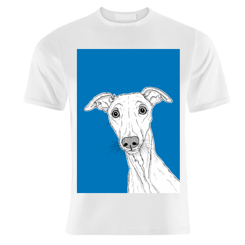 Whippet Dog Portrait ( blue background ) - unique t shirt by Adam Regester