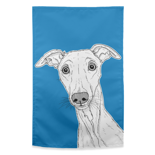 Whippet Dog Portrait ( blue background ) - funny tea towel by Adam Regester