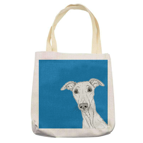Whippet Dog Portrait ( blue background ) - printed tote bag by Adam Regester