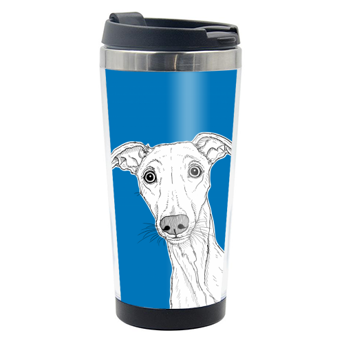 Whippet Dog Portrait ( blue background ) - photo water bottle by Adam Regester