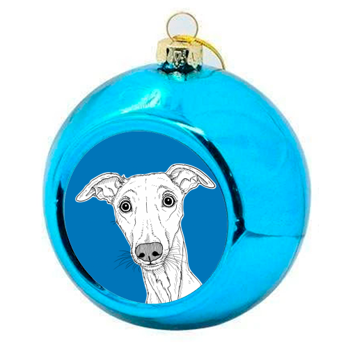 Whippet Dog Portrait ( blue background ) - colourful christmas bauble by Adam Regester