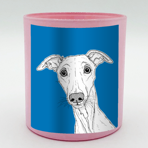 Whippet Dog Portrait ( blue background ) - scented candle by Adam Regester