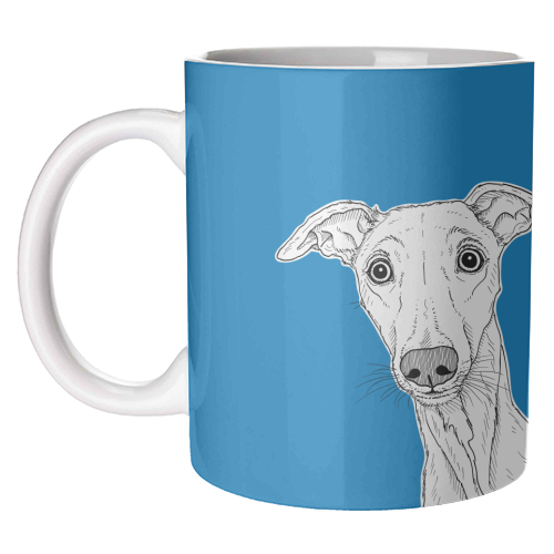 Whippet Dog Portrait ( blue background ) - unique mug by Adam Regester