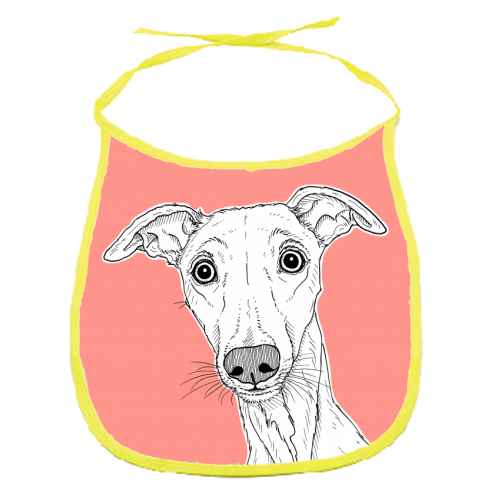 Whippet Dog Portrait ( coral background ) - funny baby bib by Adam Regester