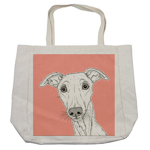Whippet Dog Portrait ( coral background ) - cool beach bag by Adam Regester