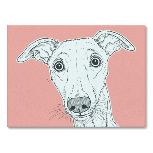 Whippet Dog Portrait ( coral background ) - glass chopping board by Adam Regester