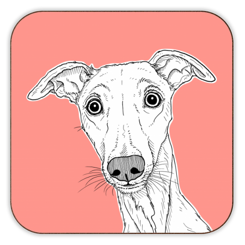 Whippet Dog Portrait ( coral background ) - personalised beer coaster by Adam Regester