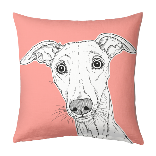 Whippet Dog Portrait ( coral background ) - designed cushion by Adam Regester