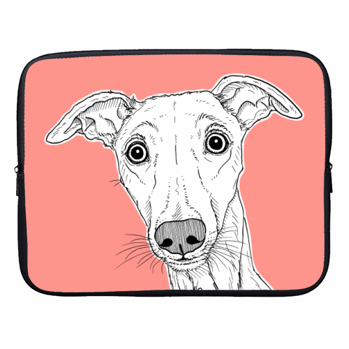 Whippet Dog Portrait ( coral background ) - designer laptop sleeve by Adam Regester