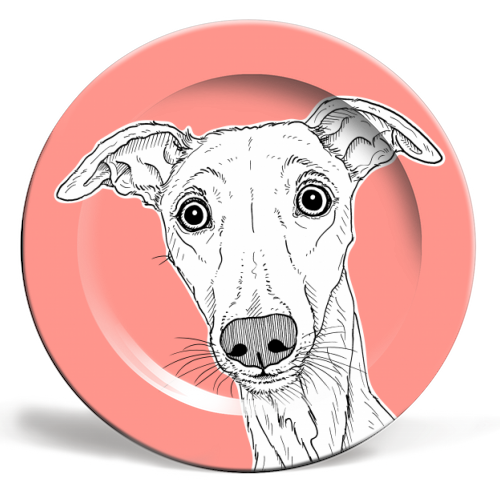Whippet Dog Portrait ( coral background ) - ceramic dinner plate by Adam Regester