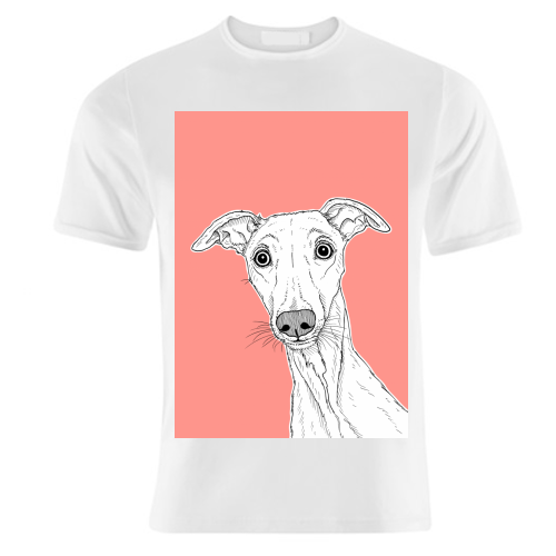 Whippet Dog Portrait ( coral background ) - unique t shirt by Adam Regester