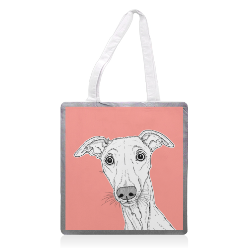 Whippet Dog Portrait ( coral background ) - printed tote bag by Adam Regester