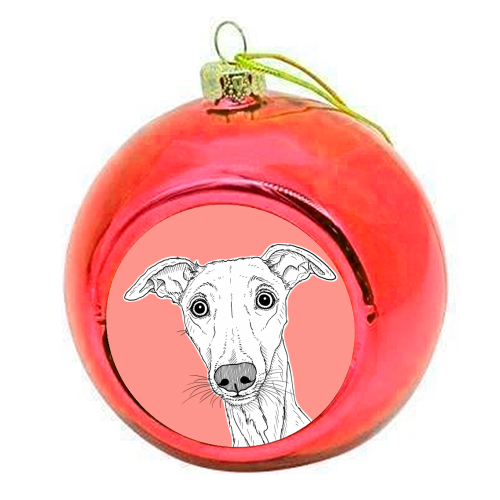 Whippet Dog Portrait ( coral background ) - colourful christmas bauble by Adam Regester