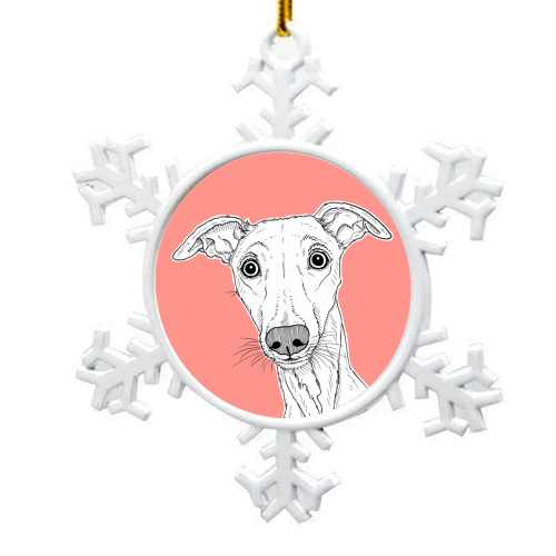 Whippet Dog Portrait ( coral background ) - snowflake decoration by Adam Regester