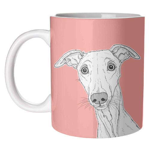 Whippet Dog Portrait ( coral background ) - unique mug by Adam Regester