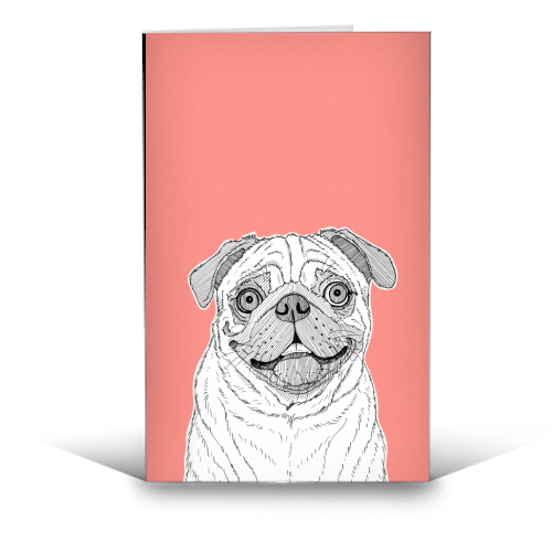 Pug Dog Portrait ( coral background ) - funny greeting card by Adam Regester