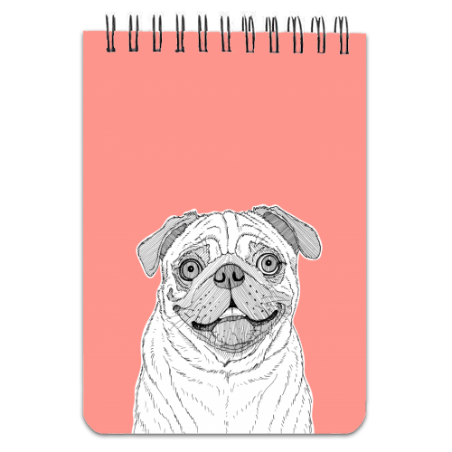 Pug Dog Portrait ( coral background ) - personalised A4, A5, A6 notebook by Adam Regester